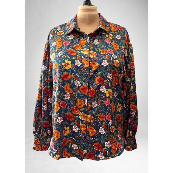 GeeGee "Found You" Blue Floral Satan Bubble Sleeve Blouse, Size 1X - Picture 1 of 8